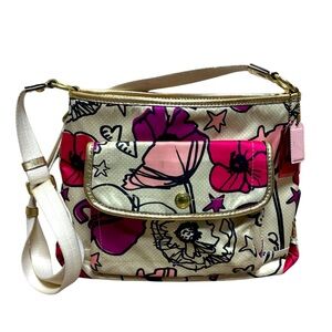 Coach Poppy collection 2012 Kyra floral crossbody gold pink purple repaired EUC